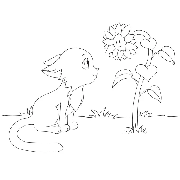 De kat en de zonnebloem | Online kleurplaten voor kinderen