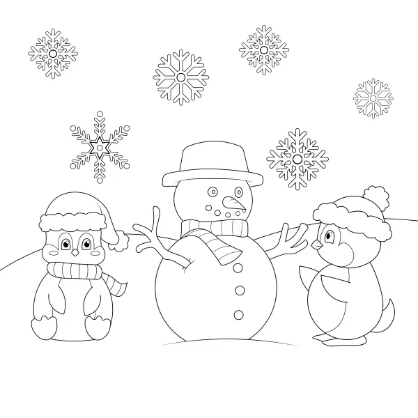 Pinguïns met een sneeuwpop | Online kleurplaten voor kinderen