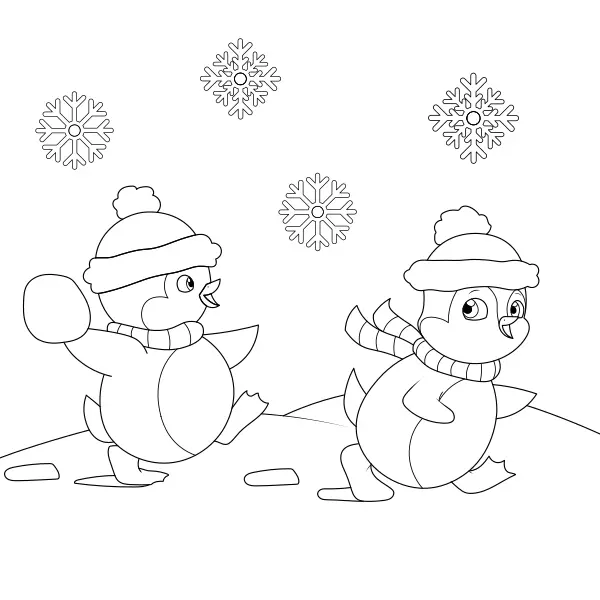Pinguïn-sneeuwballengevecht | Online kleurplaten voor kinderen