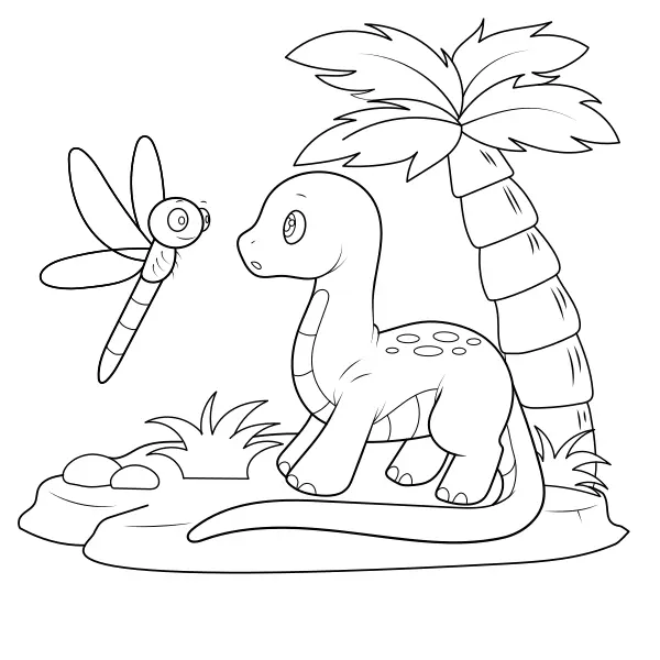 Dinosaurus – Diplodocus en een libel | Online kleurplaten voor kinderen