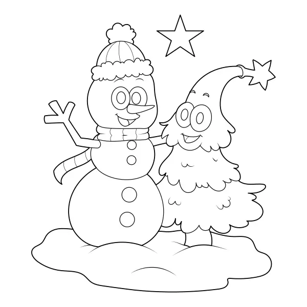 Sneeuwpop en kerstboom | Online kleurplaten voor kinderen