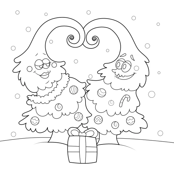 Verliefde kerstbomen | Online kleurplaten voor kinderen