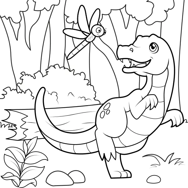 Een dinosaurus jaagt op een libel | Online kleurplaten voor kinderen