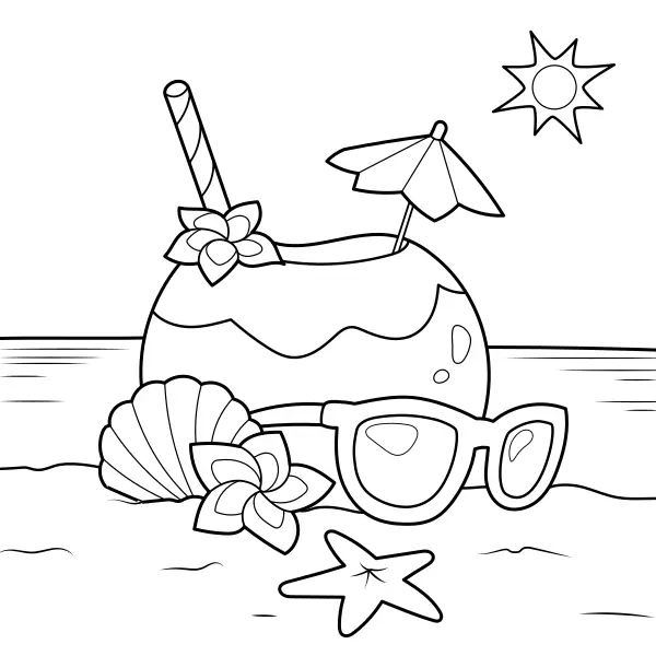 Een kokosdrankje op het strand | Online kleurplaten voor kinderen