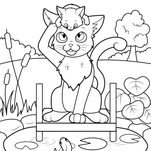 Katten kijken naar een vis | Online kleurplaten voor kinderen
