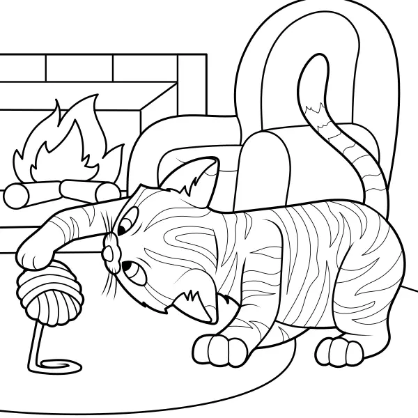 De kat speelt met een bolletje wol | Online kleurplaten voor kinderen