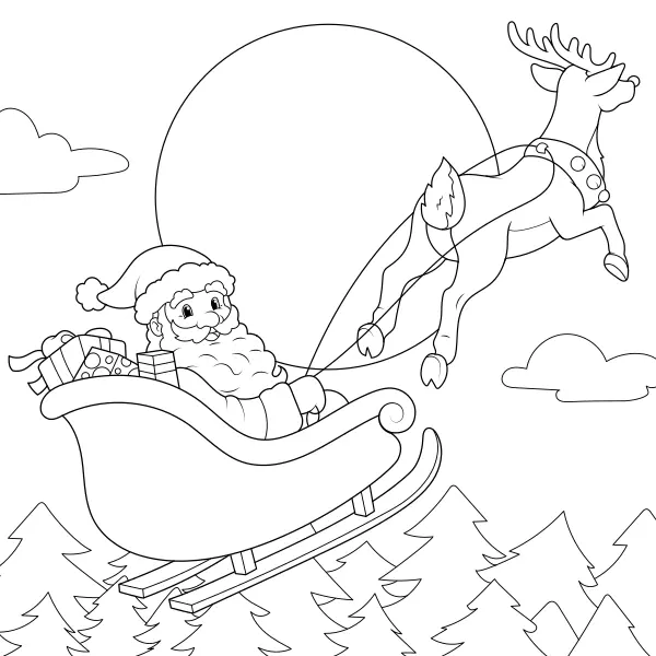 De kerstman met zijn rendieren | Online kleurplaten voor kinderen