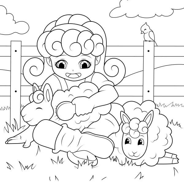 Een meisje kamt schapen | Online kleurplaten voor kinderen
