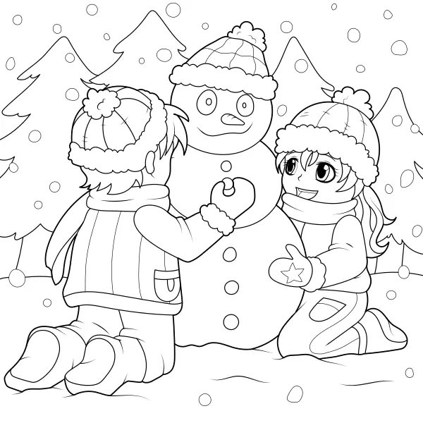 Kinderen bouwen een sneeuwpop | Online kleurplaten voor kinderen