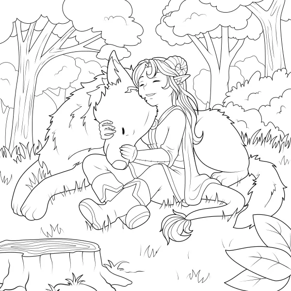 Fantasymeisje met een wolf | Online kleurplaten voor kinderen