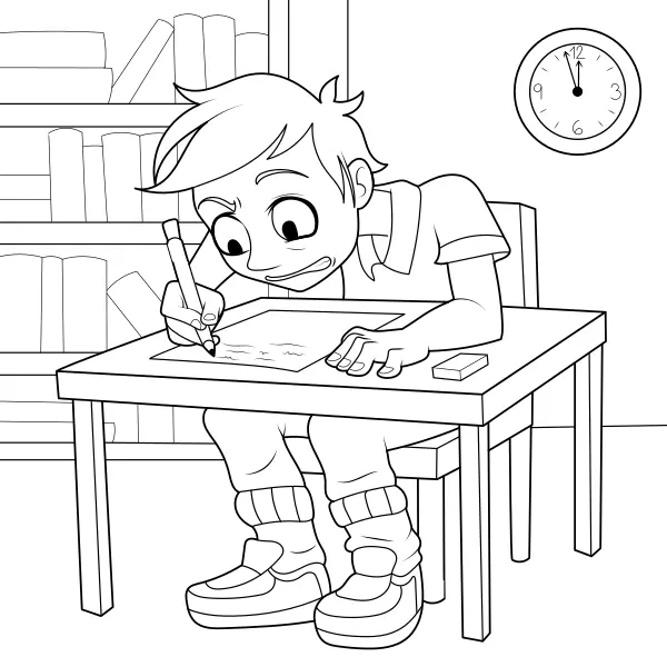De jongen maakt een proefwerk | Online kleurplaten voor kinderen
