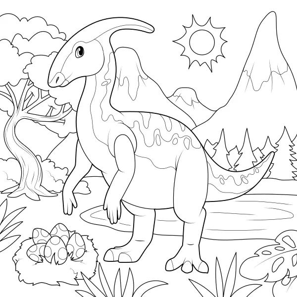Parasaurolophus met nest | Online kleurplaten voor kinderen