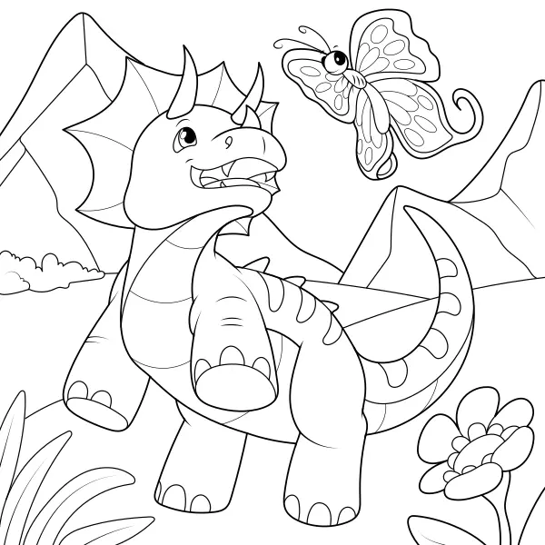 Triceratops en vlinder | Online kleurplaten voor kinderen