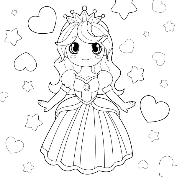 Prinses, harten en sterren | Online kleurplaten voor kinderen