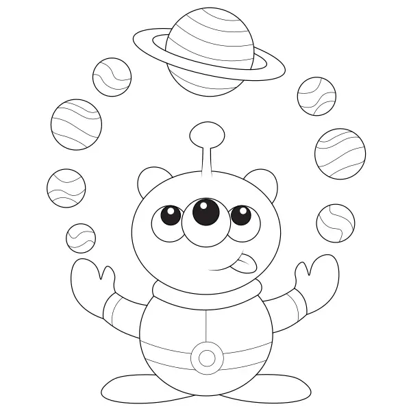 Een buitenaards wezen jongleert met planeten | Online kleurplaten voor kinderen