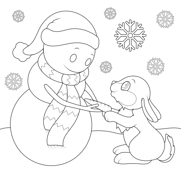 Een konijn met een sneeuwpop | Online kleurplaten voor kinderen
