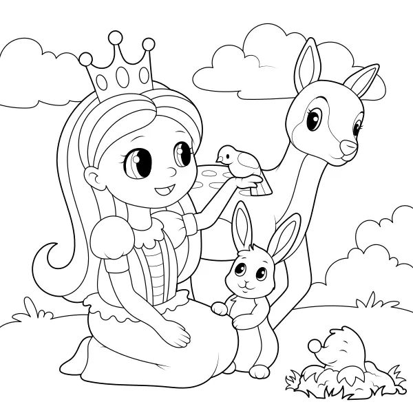 De prinses en de dieren | Online kleurplaten voor kinderen