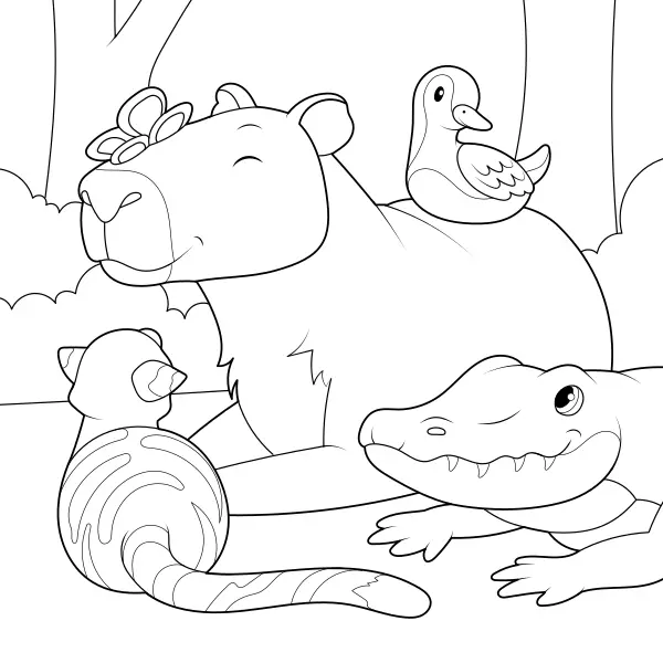 De capibara met zijn vrienden | Online kleurplaten voor kinderen