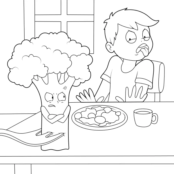 De jongen wil geen broccoli | Online kleurplaten voor kinderen