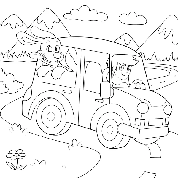 Een jongen met een hond op uitstap | Online kleurplaten voor kinderen